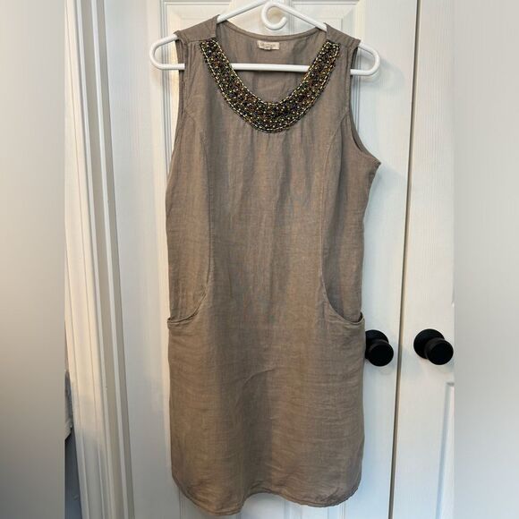 Lina Tomei 100% Linen Beaded Round Neck Sheath Dress Pockets Size Large Taupe - Picture 1 of 11